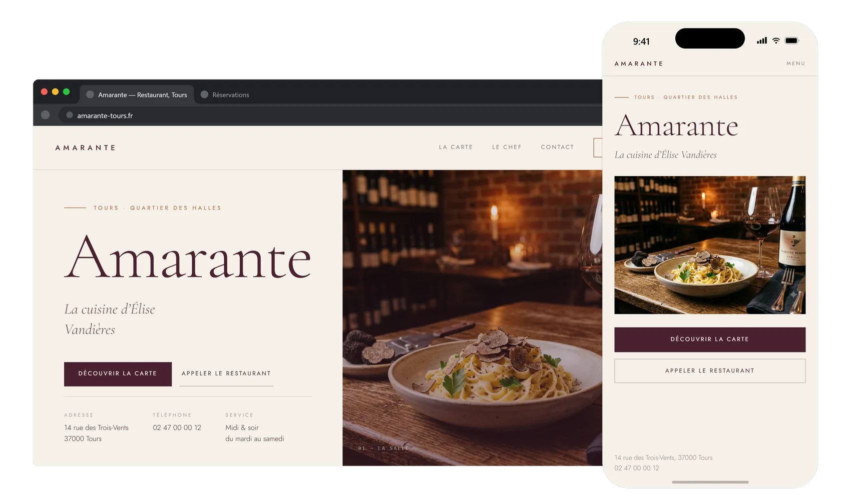 Le site du restaurant Amarante à Tours : titre en serif sur fond crème, photographie chaleureuse de salle.