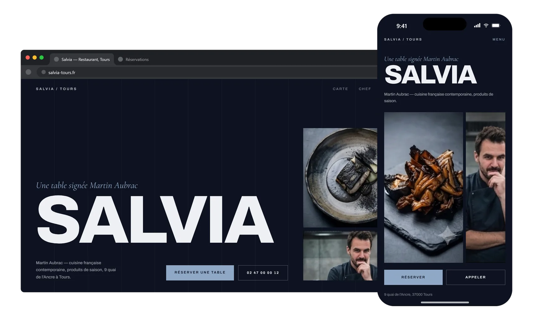 Le site du restaurant Salvia à Tours : nom en capitales condensées sur fond bleu nuit, photographies sombres.